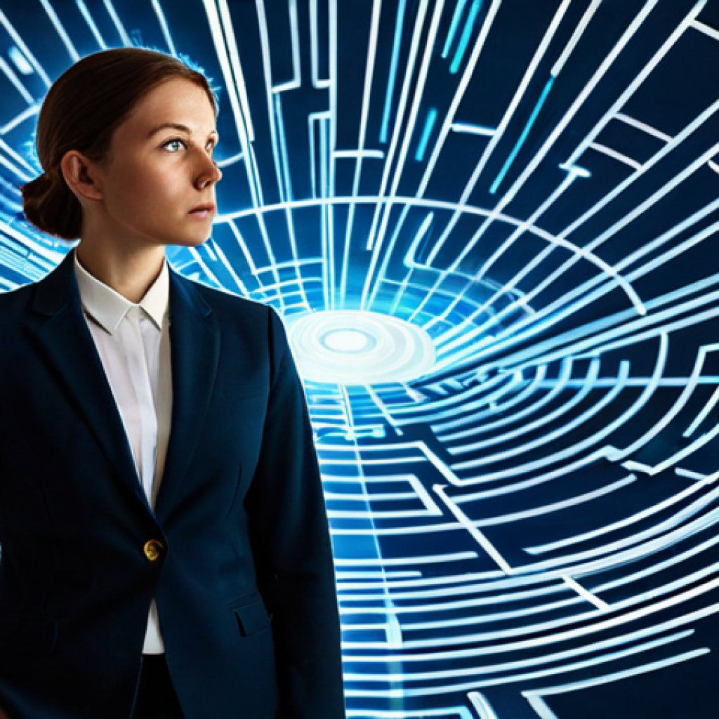 A focused female entrepreneur, mid-career, dressed in a professional business suit. She stands thoughtfully amidst a complex digital landscape, holding a metaphorical, glowing compass, looking slightly perplexed yet determined. The background features abstract, intertwined digital lines and data visualizations that subtly resemble a maze or labyrinth, suggesting the complexities of influencer marketing. Hints of modern office elements (desk, sleek monitor in the distance) are present. Soft, ambient lighting conveys a contemplative yet hopeful atmosphere. Professional photography, high quality, studio light, cinematic, perfect anatomy, correct proportions, natural pose, well-formed hands, proper finger count, natural body proportions, fully clothed, modest clothing, appropriate attire, professional dress, safe for work, appropriate content, professional.