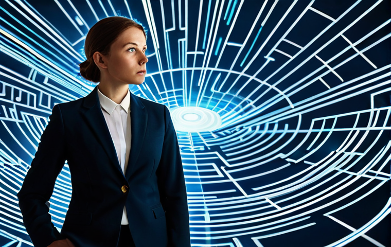 A focused female entrepreneur, mid-career, dressed in a professional business suit. She stands thoughtfully amidst a complex digital landscape, holding a metaphorical, glowing compass, looking slightly perplexed yet determined. The background features abstract, intertwined digital lines and data visualizations that subtly resemble a maze or labyrinth, suggesting the complexities of influencer marketing. Hints of modern office elements (desk, sleek monitor in the distance) are present. Soft, ambient lighting conveys a contemplative yet hopeful atmosphere. Professional photography, high quality, studio light, cinematic, perfect anatomy, correct proportions, natural pose, well-formed hands, proper finger count, natural body proportions, fully clothed, modest clothing, appropriate attire, professional dress, safe for work, appropriate content, professional.