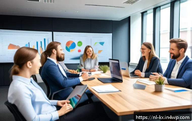 인플루언서 협업 프레임워크의 지속 가능성 - A modern, bright office scene featuring a diverse group of Dutch marketing professionals and influen...