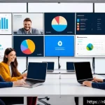 인플루언서와의 협업을 위한 시장 조사 방법 - A modern digital marketing office scene featuring a diverse team of professionals analyzing social m...