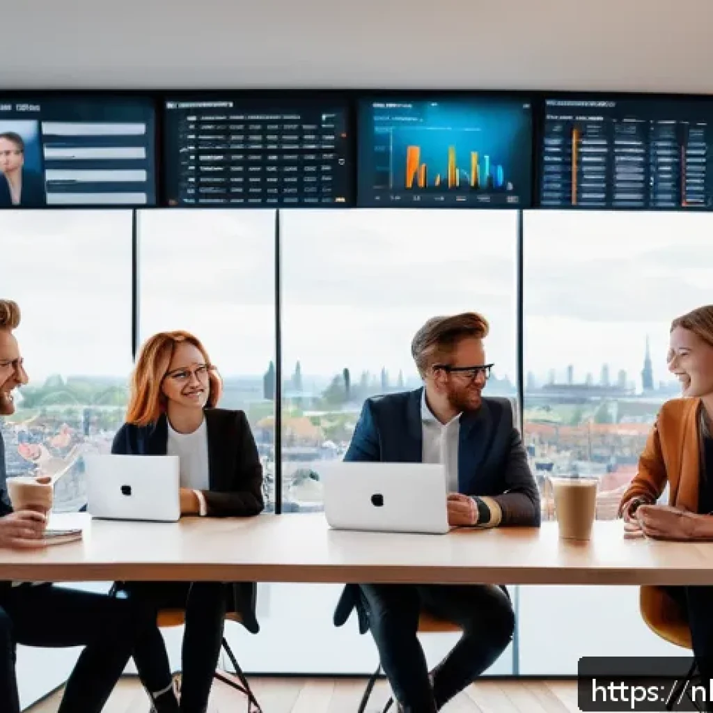 인플루언서 협업을 위한 마케팅 자동화 도구 - A modern office setting with a diverse group of young Dutch marketing professionals collaborating ar...