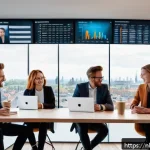 인플루언서 협업을 위한 마케팅 자동화 도구 - A modern office setting with a diverse group of young Dutch marketing professionals collaborating ar...