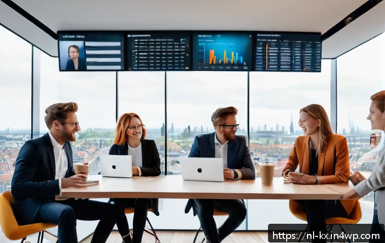인플루언서 협업을 위한 마케팅 자동화 도구 - A modern office setting with a diverse group of young Dutch marketing professionals collaborating ar...